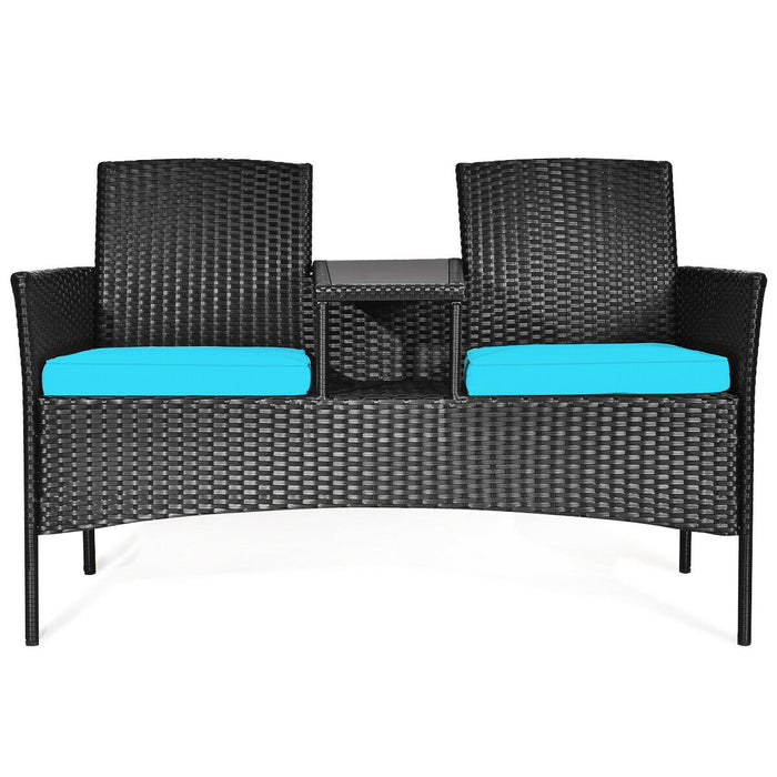 Wicker Patio Conversation Furniture Set with Removable Cushions and Table-Turquoise