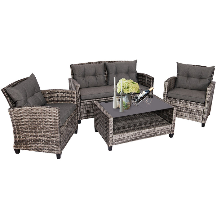 4 Pieces Patio Rattan Furniture Set Coffee Table Cushioned Sofa-Gray