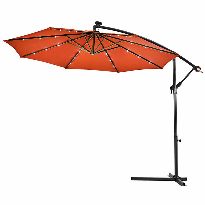 10 Inch Patio Hanging Solar LED Umbrella Sun Shade with Cross Base-Orange