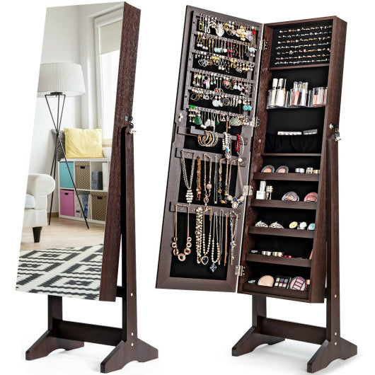 Standing Jewelry Armoire Cabinet with Full Length Mirror-Brown