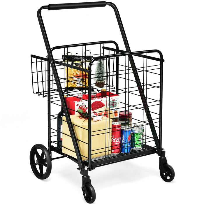 Heavy Duty Folding Utility Shopping Double Cart-Black