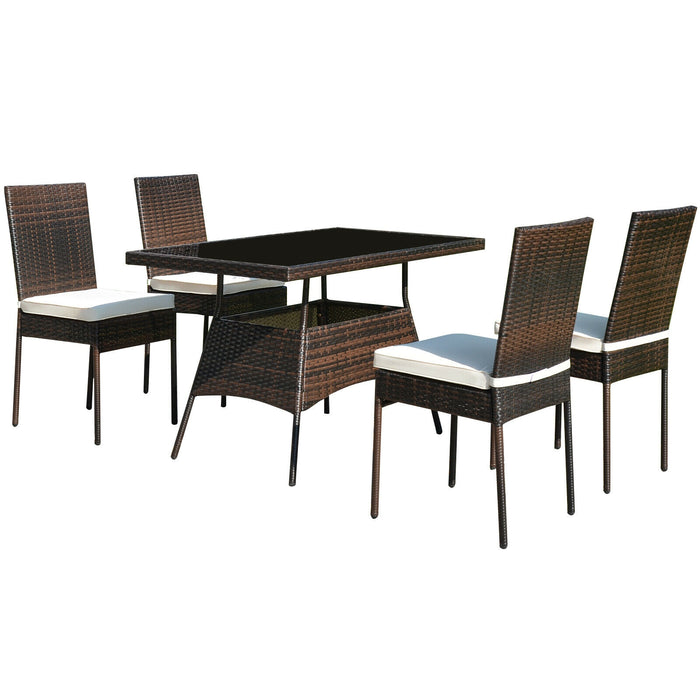 5 Pieces Rattan Dining Set Glass Table High Back Chair