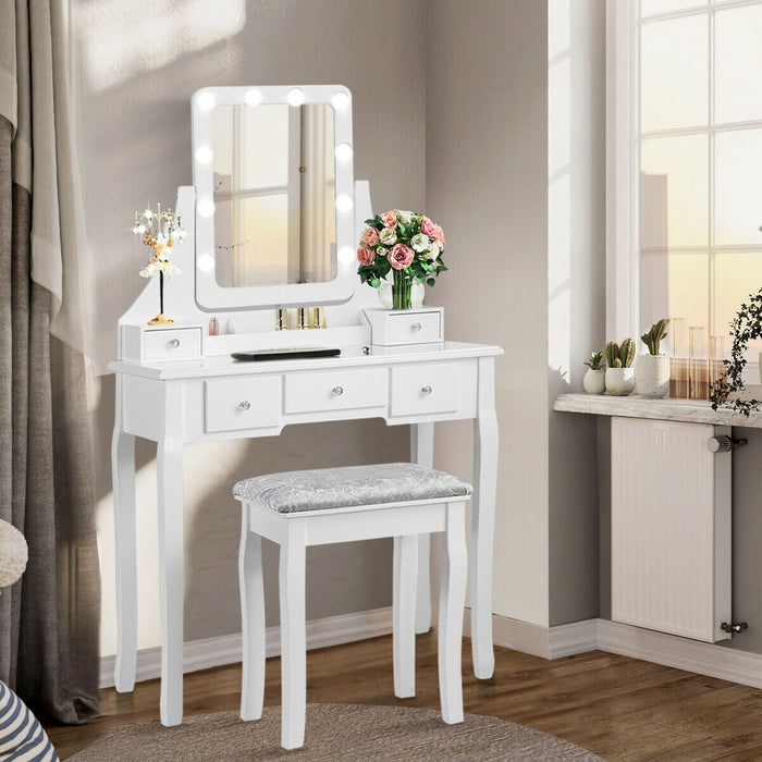 Vanity Dressing Table Set with 10 Dimmable Bulbs and Cushioned Stool-White