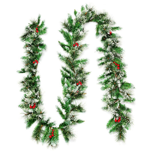 9 Feet Pre-lit Snow Flocked Tips Christmas Garland with Red Berries