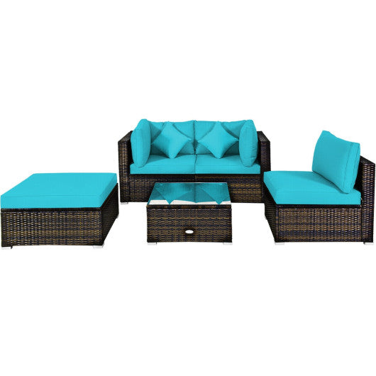 5 Pcs Outdoor Patio Rattan Furniture Set Sectional Conversation with Navy Cushions-Turquoise