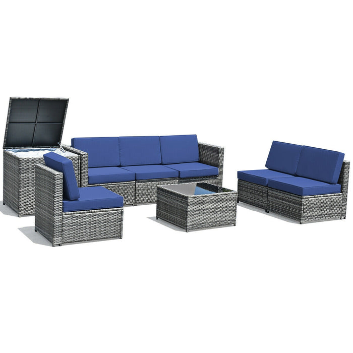 8 Piece Wicker Sofa Rattan Dinning Set Patio Furniture with Storage Table-Navy