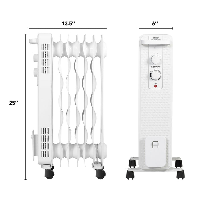 1500 W Oil-Filled Heater Portable Radiator Space Heater with Adjustable Thermostat-White