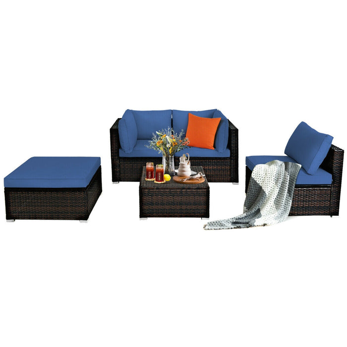 5 Pieces Patio Rattan Sofa Set with Cushion and Ottomans-Navy