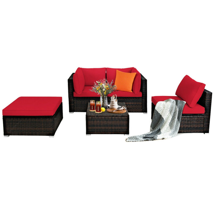 5 Pieces Patio Rattan Sofa Set with Cushion and Ottoman-Red