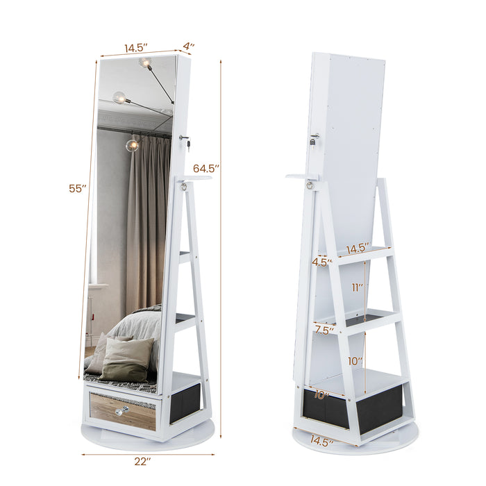 Lockable 360Â° Swivel Jewelry Cabinet with Full-Length Mirror LED Lights-White