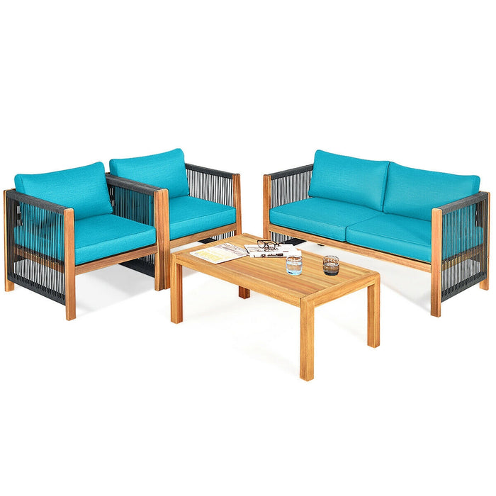 4 Pieces Acacia Wood Outdoor Patio Furniture Set with Cushions-Turquoise