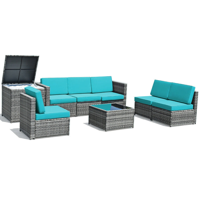 8 Piece Wicker Sofa Rattan Dinning Set Patio Furniture with Storage Table-Turquoise