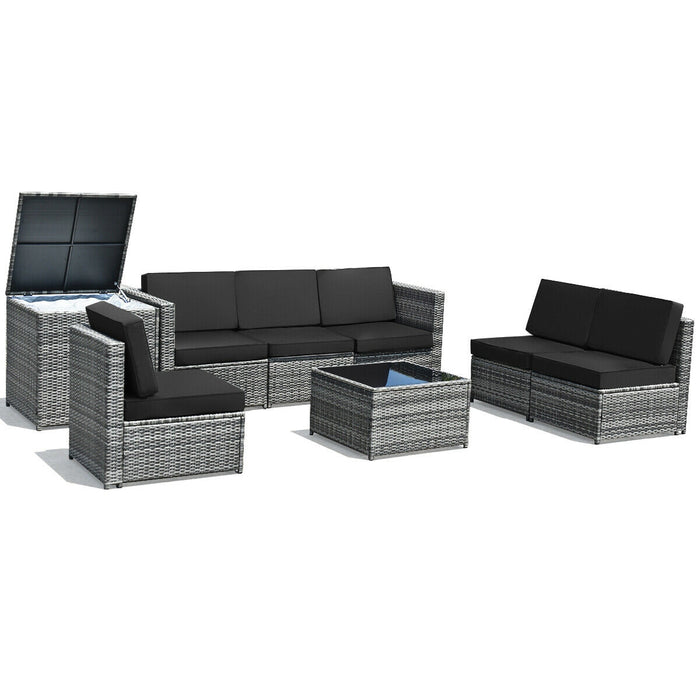 8 Piece Wicker Sofa Rattan Dinning Set Patio Furniture with Storage Table-Black