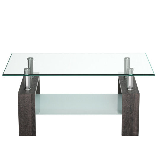 Rectangular Tempered Glass Coffee Table with Shelf-Black