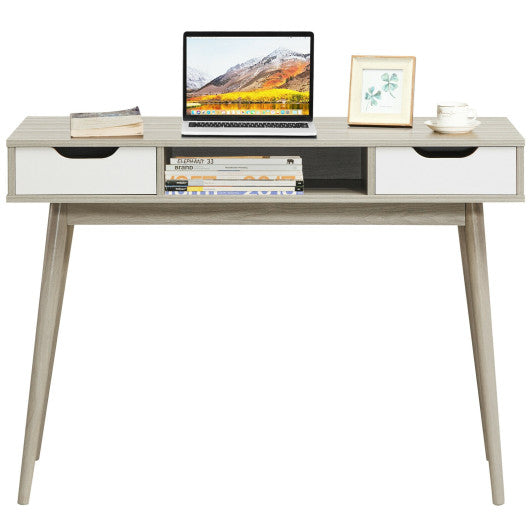 Stylish Computer Desk Workstation with 2 Drawers and Solid Wood Legs-Oak