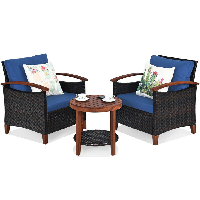 3 Pieces Patio Rattan Furniture Set with Washable Cushion and Acacia Wood Tabletop-Blue