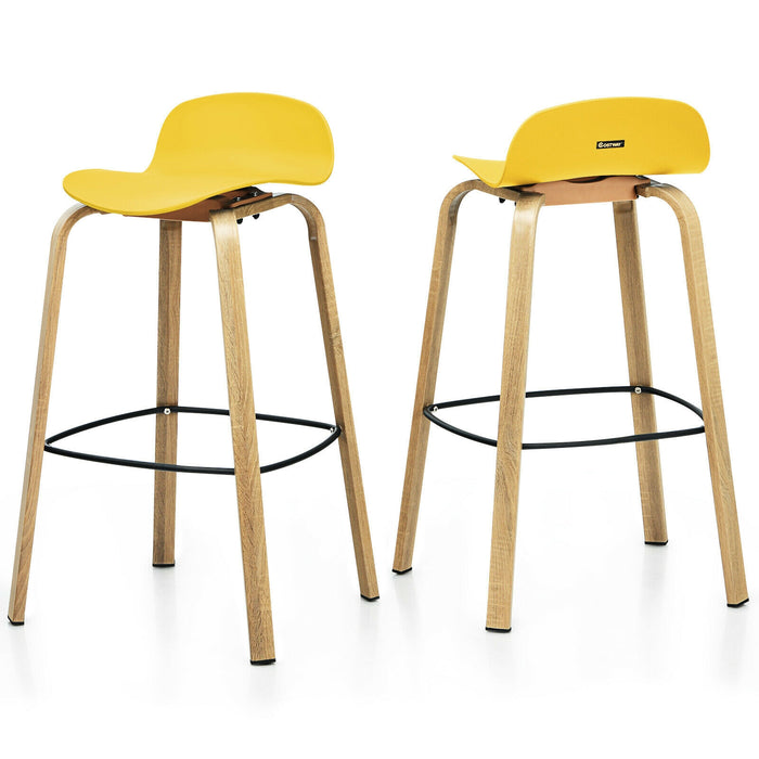 Set of 2 Modern Barstools Pub Chairs with Low Back and Metal Legs-Yellow