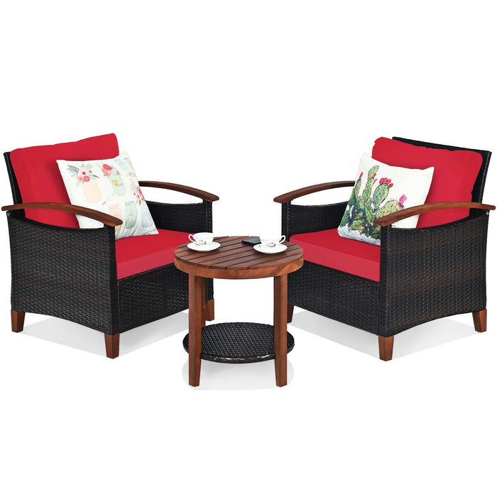 3 Pieces Patio Rattan Furniture Set with Washable Cushion and Acacia Wood Tabletop-Red