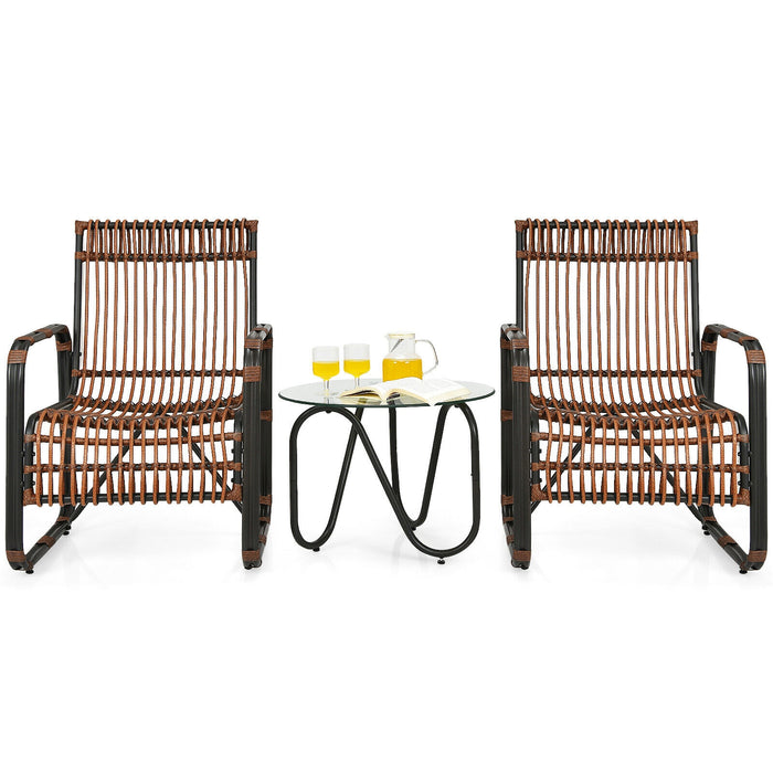 3 Pieces Patio Rattan Furniture Set with 2 Single Wicker Chairs and Glass Side Table