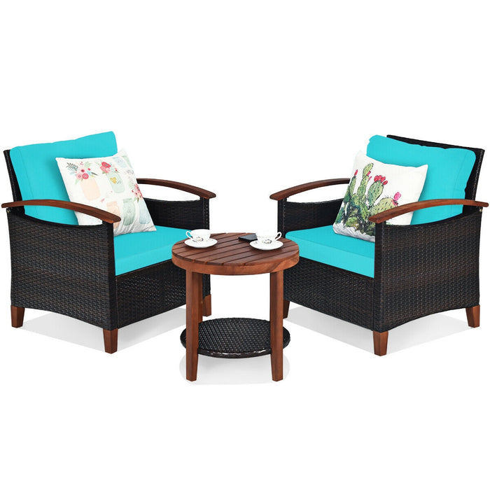 3 Pieces Patio Rattan Furniture Set with Washable Cushion and Acacia Wood Tabletop-Turquoise