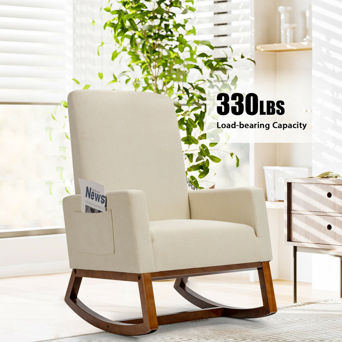 Rocking High Back Upholstered Lounge Armchair with Side Pocket-Beige