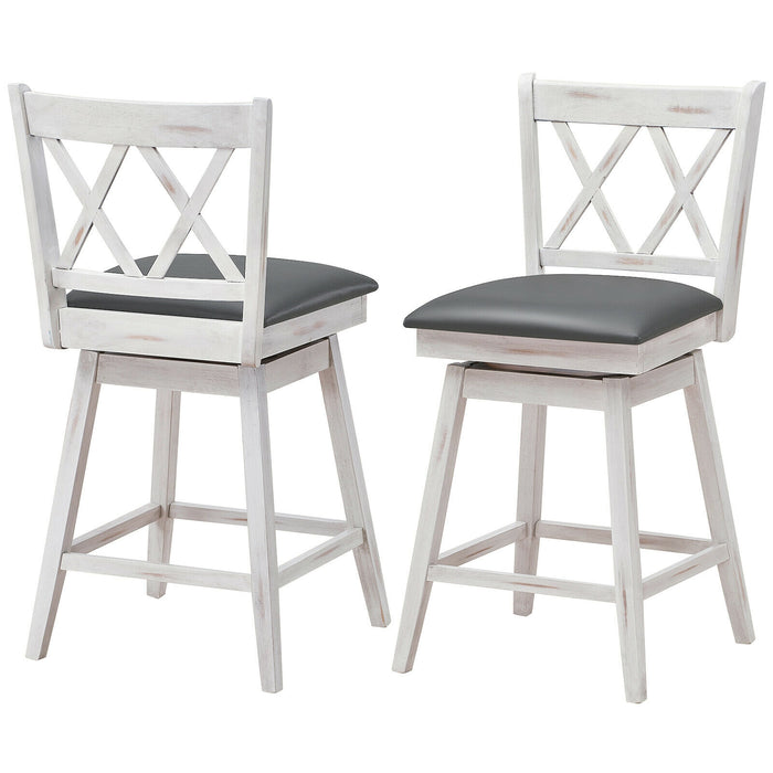 2 Pieces 24 Inch Swivel Counter Height Barstool Set with Rubber Wood Legs-White