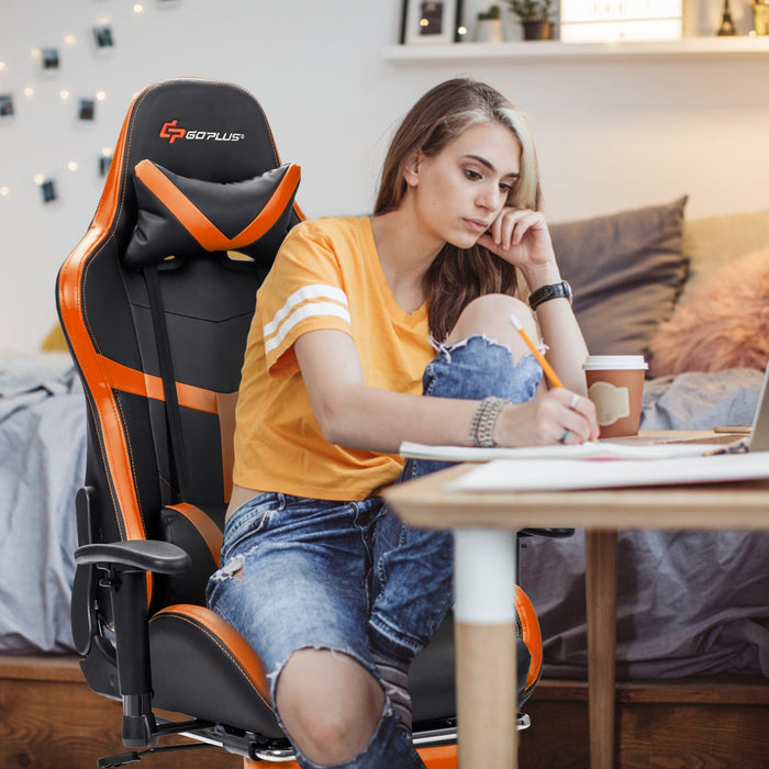 Reclining Racing Chair with Lumbar Support Footrest-Orange