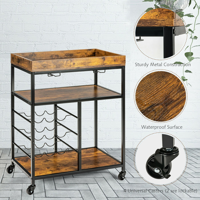 3-Tier Wood Rolling Kitchen Serving Cart with 9 Wine Bottles Rack Metal Frame-Rustic Brown