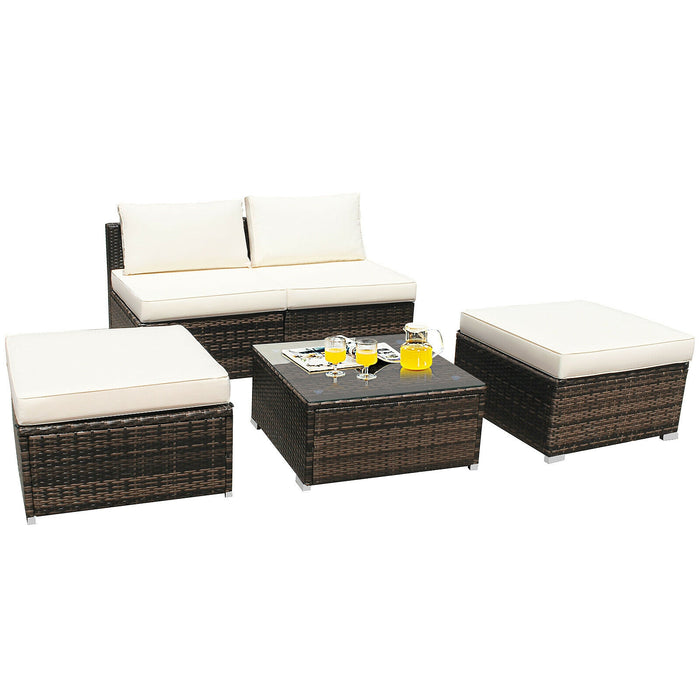 5 Pieces Patio Rattan Furniture Set with Cushioned Armless Sofa-White