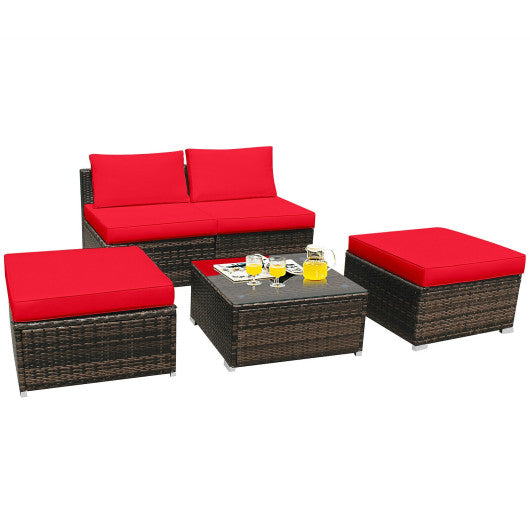 5 Pieces Patio Rattan Furniture Set with Cushioned Armless Sofa-Red