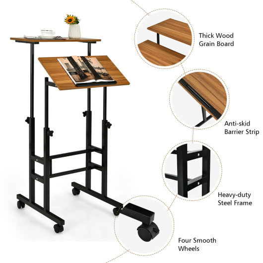 Height Adjustable Mobile Standing Desk with rolling wheels for office and home-Walnut