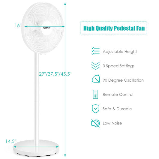 16 Inch Oscillating Pedestal 3-Speed Adjustable Height Fan with Remote Control-White