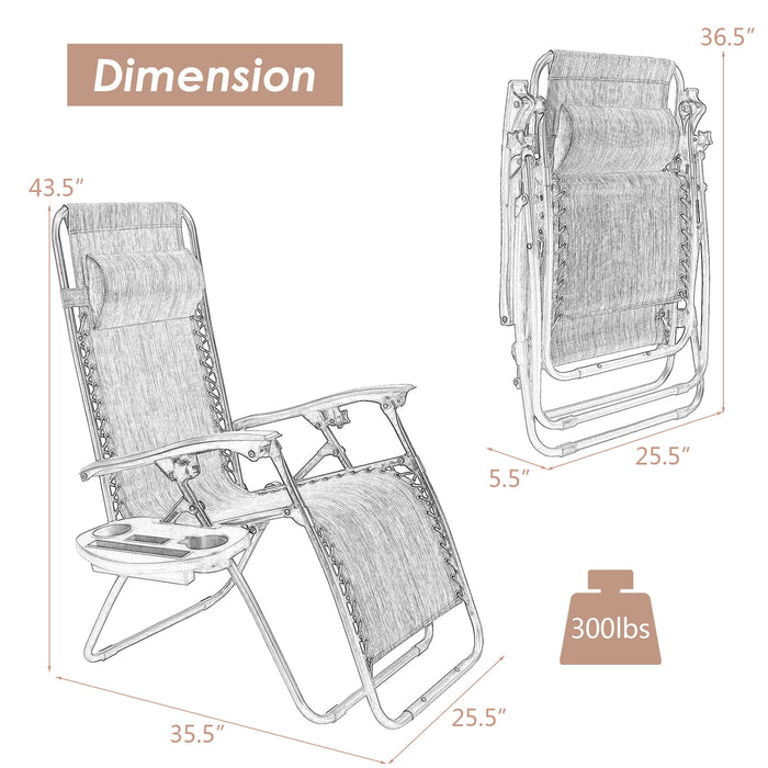 Outdoor Folding Zero Gravity Reclining Lounge Chair with Utility Tray-Beige