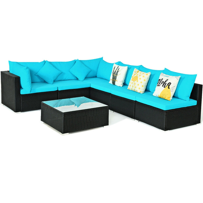 7-Piece Outdoor Sectional Wicker Patio Sofa Set with Tempered Glass Top-Blue