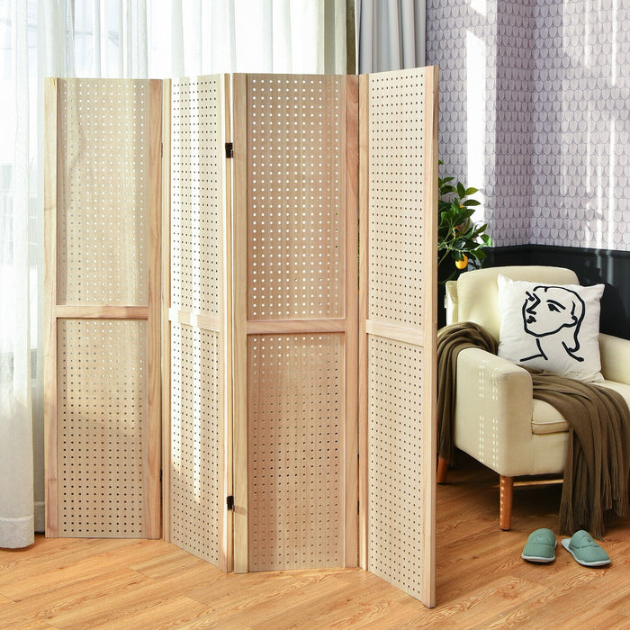 4-Panel Pegboard Display 5 Feet Tall Folding Privacy Screen for Craft Display Organized-Natural