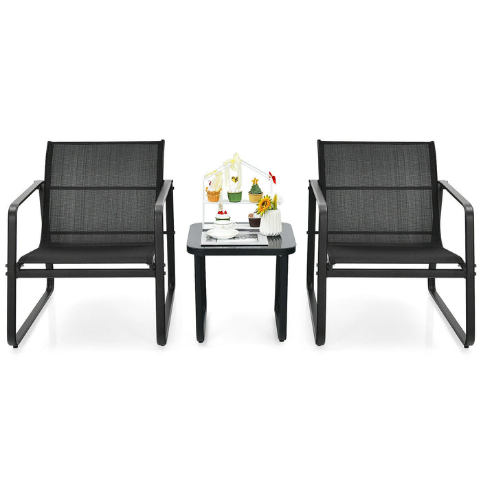 3 Pieces Patio Bistro Furniture Set with Glass Top Table Garden Deck-Black