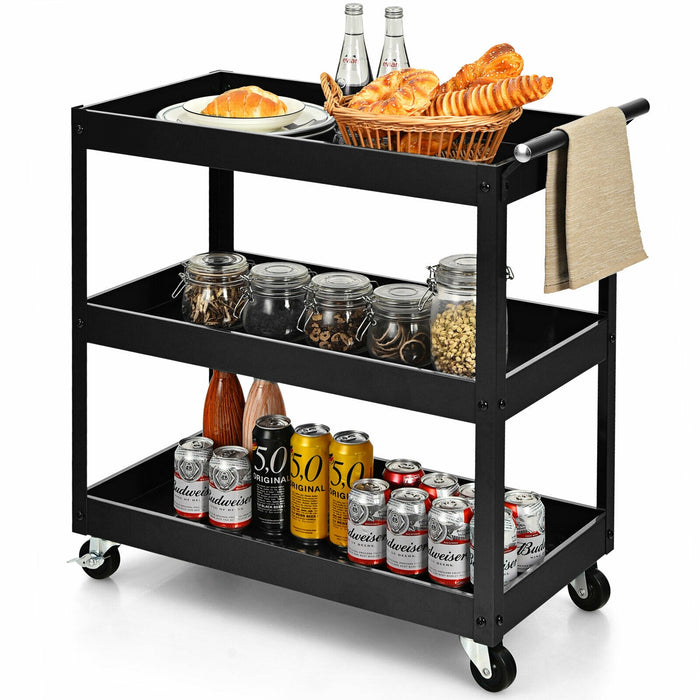 3-Tier Utility Cart Metal Mental Storage Service Trolley-Black