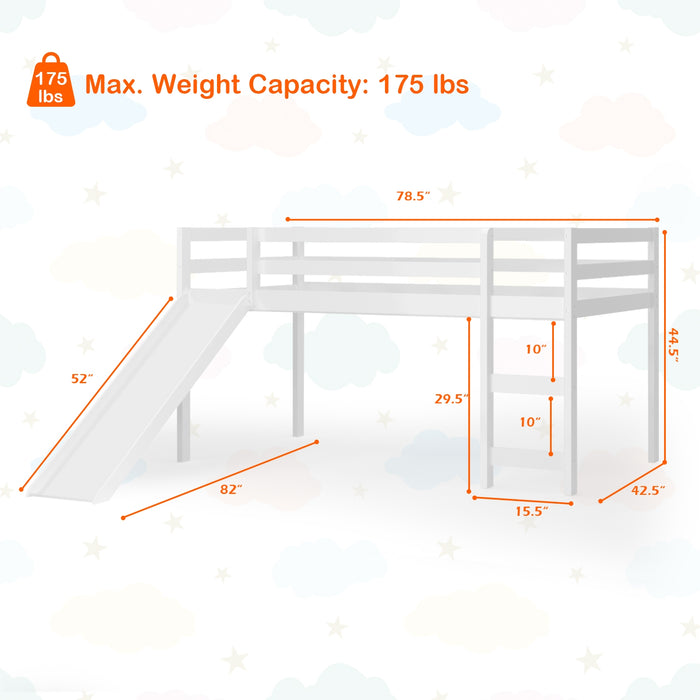 Twin Size Low Sturdy Loft Bed with Slide Wood-White