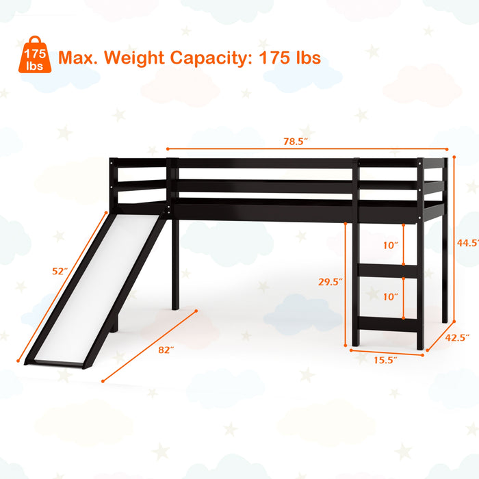 Twin Size Low Sturdy Loft Bed with Slide Wood-Dark Brown