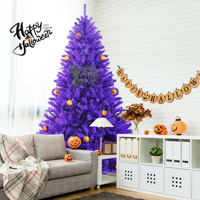 Artificial Prelit Purple Halloween Tree with Orange Lights and Pumpkin Ornaments-7'