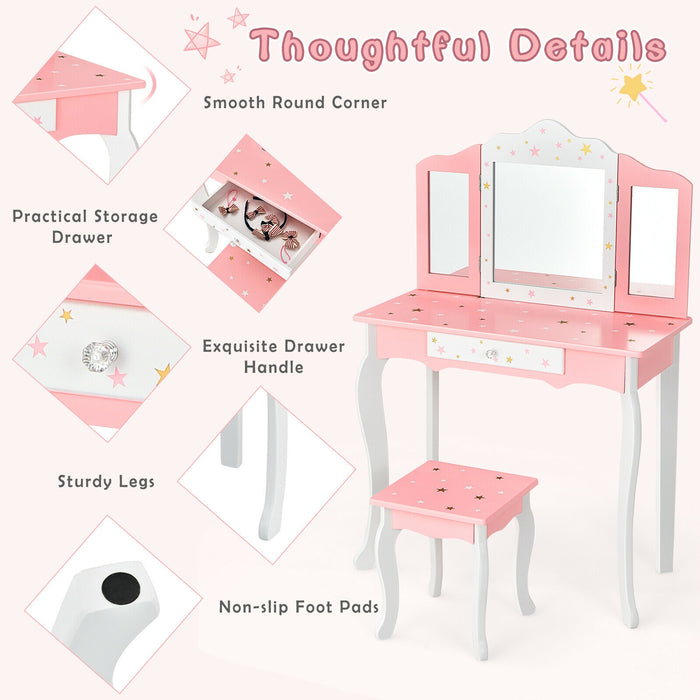 Kids Princess Vanity Table and Stool Set with Tri-folding Mirror and Drawer-Pink