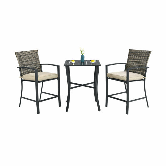 3 Pieces Patio Rattan Bar Furniture Set with Slat Table and 2 Cushioned Stools-Gray