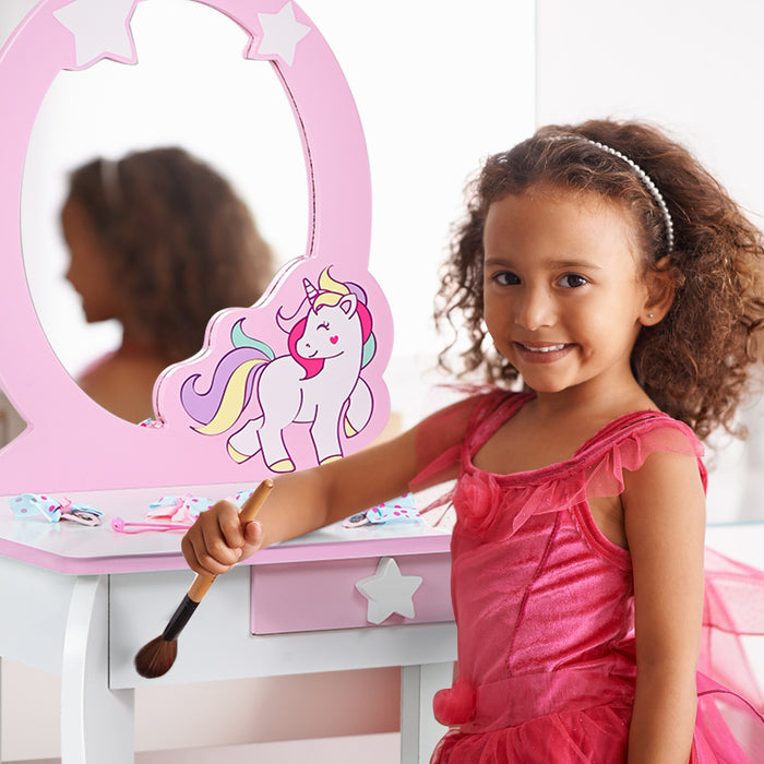 Kids Wooden Makeup Dressing Table and Chair Set with Mirror and Drawer-White