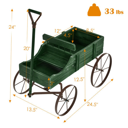 Wooden Wagon Plant Bed With Wheel for Garden Yard-Green