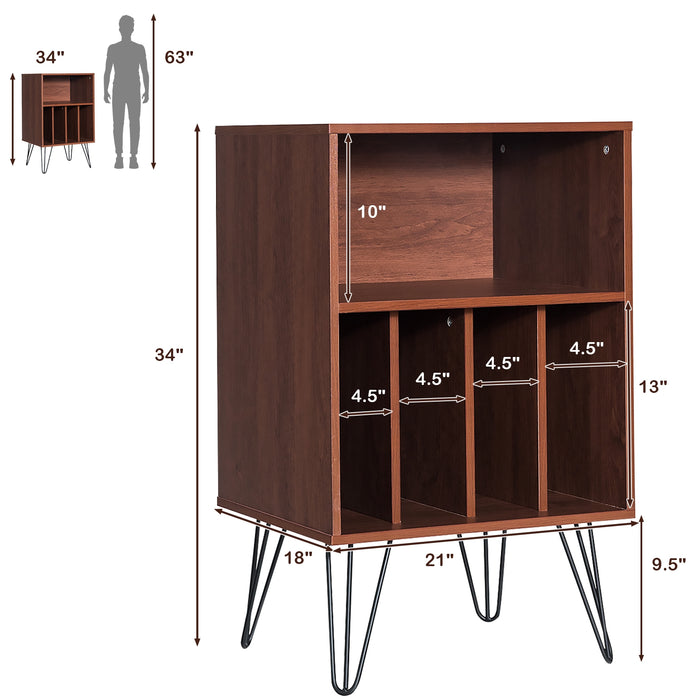 Freestanding Record Player Stand Storage Cabinet with Metal Legs-Coffee