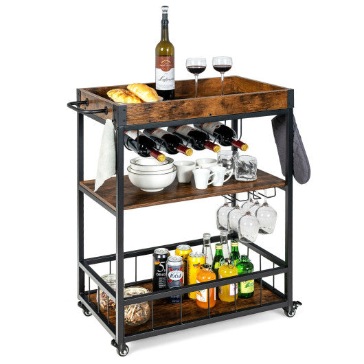 3-Tier Rolling Kitchen Bar Cart with Wine Rack-Rustic Brown