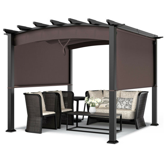 10 x 10 Feet Outdoor Retractable Pergola with Adjustable Sliding Sun Shade Canopy-Brown