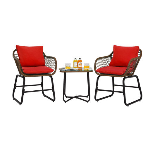 3 Pieces Patio Rattan Bistro Set Cushioned Chair Glass Table Deck-Red