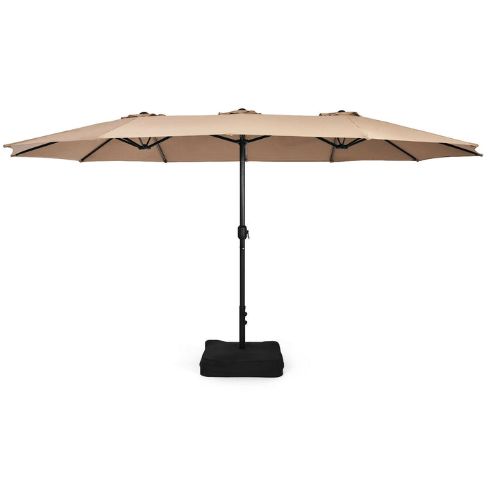 15 Feet Double-Sided Twin Patio Umbrella with Crank and Base-Brown