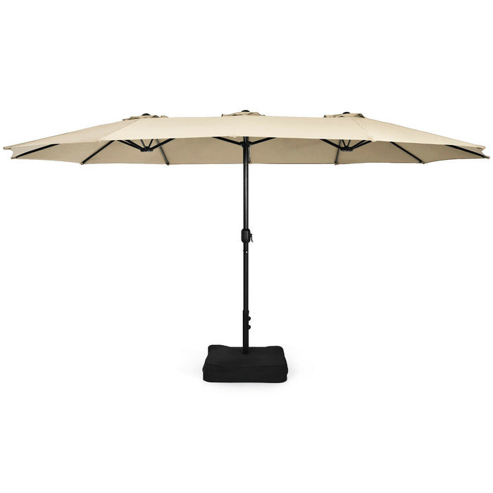 15 Feet Double-Sided Twin Patio Umbrella with Crank and Base-Beige